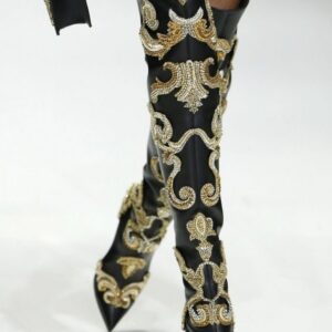 Bottes cuissardes - cuir noir motif orné doré