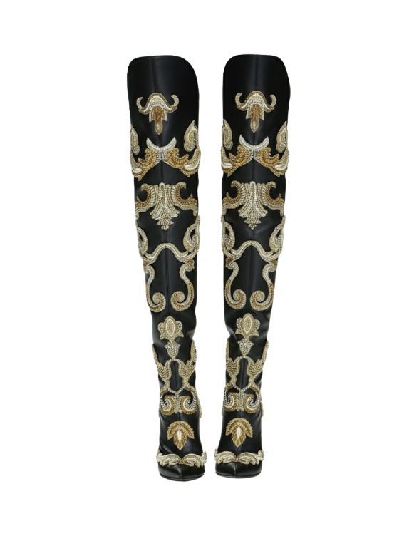 Bottes cuissardes - cuir noir motif orné doré – Image 3