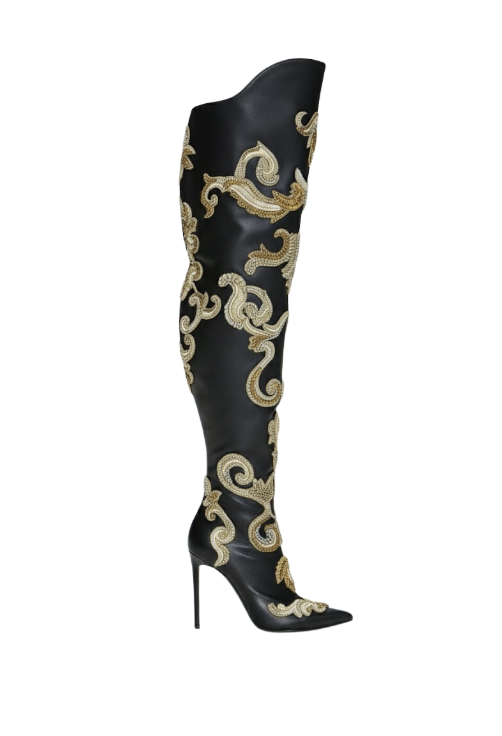 Bottes cuissardes - cuir noir motif orné doré – Image 4